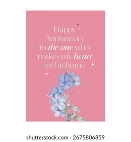 Plantilla de tarjeta de aniversario con una delicada ilustración de acuarela de flores de hierba de plomo del Cabo con estrella centelleante sobre un fondo rosa vibrante