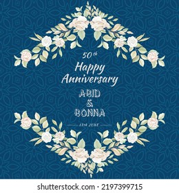 Anniversary card with vintage rose flower, leaves and blue mandala background