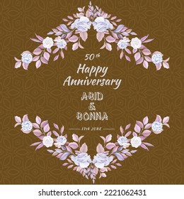 Anniversary card with vintage rose flower, leaves and yellowish mandala background