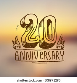 Anniversary celebration ceremony congratulations 20 sign hand drawn decorative card vector illustration