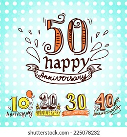 Anniversary celebration ceremony congratulations sketch 10 20 30 40 50 signs colored collection set vector illustration