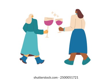 Anniversary celebration. Couple meeting with beverage. Wine tasting event. Cute characters couple with wineglasses. Vector illustration isolated on white background.