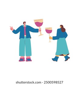 Anniversary celebration. Couple meeting with beverage. Wine tasting event. Cute characters couple with wineglasses. Vector illustration isolated on white background.