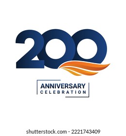 Anniversary celebration decoration. Blue number 200 with orange wings on a white background. Vector illustration EPS10