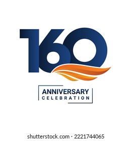 Anniversary celebration decoration. Blue number 160 with orange wings on a white background. Vector illustration EPS10