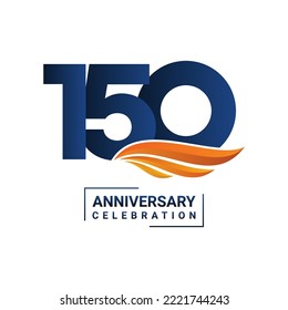 Anniversary celebration decoration. Blue number 150 with orange wings on a white background. Vector illustration EPS10