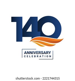 Anniversary celebration decoration. Blue number 140 with orange wings on a white background. Vector illustration EPS10