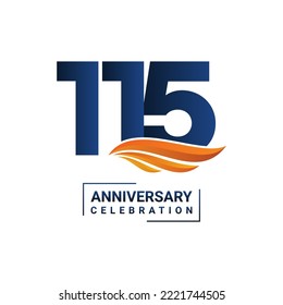 Anniversary celebration decoration. Blue number 115 with orange wings on a white background. Vector illustration EPS10