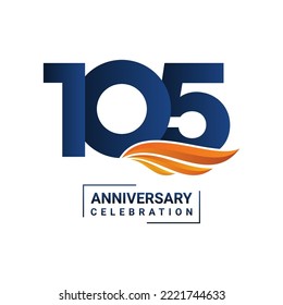 Anniversary celebration decoration. Blue number 105 with orange wings on a white background. Vector illustration EPS10