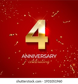 Anniversary celebration decoration. Golden number 4 with confetti, glitters and streamer ribbons on red background. Vector illustration EPS10