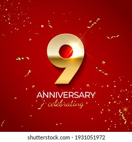 Anniversary celebration decoration. Golden number 9 with confetti, glitters and streamer ribbons on red background. Vector illustration EPS10