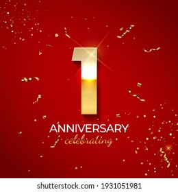 Anniversary celebration decoration. Golden number 1 with confetti, glitters and streamer ribbons on red background. Vector illustration EPS10 - Shutterstock ID 1931051981