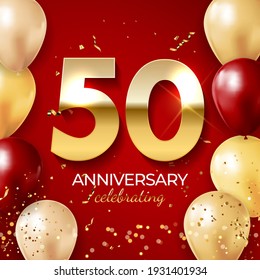 Anniversary celebration decoration. Golden number 50 with confetti, balloons, glitters and streamer ribbons on red background. Vector illustration EPS10