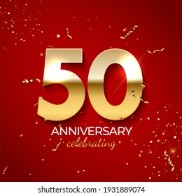Anniversary celebration decoration. Golden number 50 with confetti, glitters and streamer ribbons on red background. Vector illustration EPS10