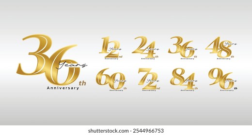 Anniversary celebration design in vector set, golden logotype vector illustration.