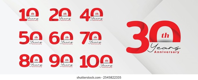 Anniversary celebration design in vector set, red logotype vector illustration.