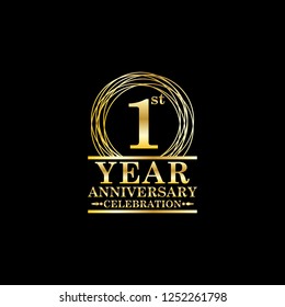 anniversary celebration emblem 1st year anniversary logo with ring and elegance golden color on black background, vector illustration template design for celebration greeting card and invitation card