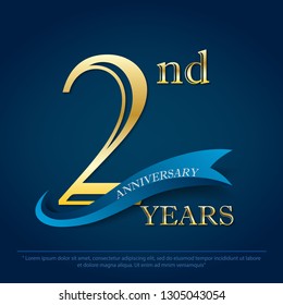 anniversary celebration emblem 2nd years. anniversary golden logo with blue ribbon on dark blue background, vector illustration template design for celebration greeting and invitation card 