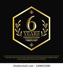 anniversary celebration emblem 6th years. anniversary logo with hexagon frame and elegance golden on black background,vector illustration template design for celebration greeting and invitation card
