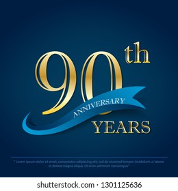 anniversary celebration emblem 90th year anniversary golden logo with blue ribbon on dark blue background, vector illustration template design for celebration greeting card and invitation