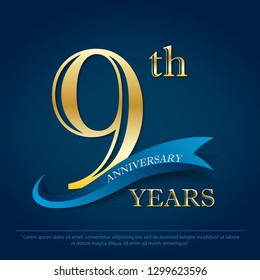 anniversary celebration emblem 9th year anniversary golden logo with blue ribbon on dark blue background, vector illustration template design for celebration greeting card and invitation