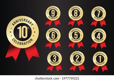Anniversary celebration Emblem Set With Numbers And red Ribbon,  anniversary celebration premium vector icons 1,2,3,4,5,6,7,8,9,10 years
