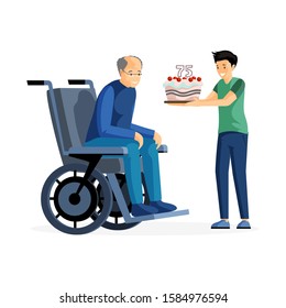 Anniversary celebration flat vector illustration. Happy senior adult in wheelchair and kid with cake cartoon characters. Grandson congratulating grandfather with birthday, family care and support