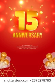 Anniversary celebration flyer red background golden numbers vector 15