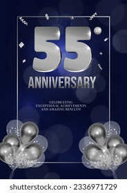 Anniversary celebration flyer silver numbers dark background design with realistic balloons vector 55