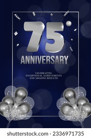 Anniversary celebration flyer silver numbers dark background design with realistic balloons vector 75
