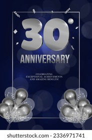 Anniversary celebration flyer silver numbers dark background design with realistic balloons vector 30