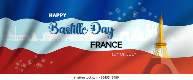 Anniversary celebration France day with silhouette architecture and French flag background, Travel for celebrate bastille day french republic day anniversary celebration and travel landmarks France.