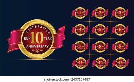 Anniversary celebration golden luxury number emblem logo symbol vector graphic badge template set for company profile, booklet, leaflet, magazine, brochure poster, web, invitation or greeting card.