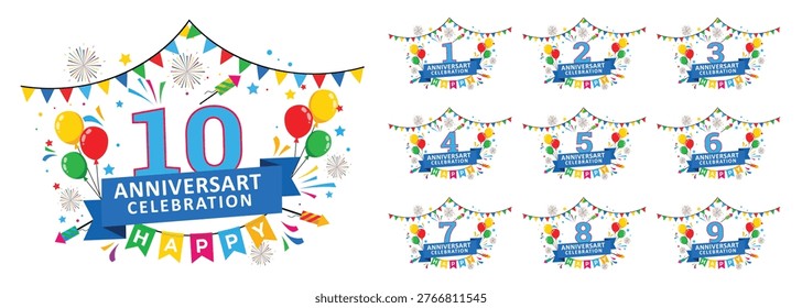 Anniversary celebration graphics, number badges, festive elements, fireworks, and balloons.