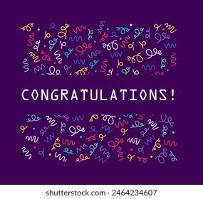 Anniversary, celebration, greeting illustration in flat simple minimalistic style. Confetti vector banner background with colorful serpentine ribbons, place for yours text at the center. 