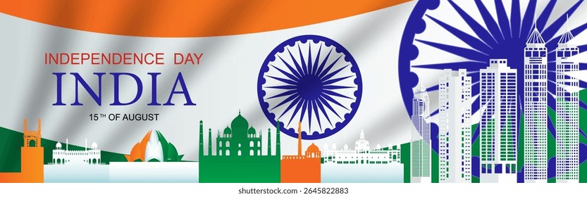 Anniversary and celebration Happy independence day of India in national flag background.  Travel landmarks architecture of Indian. Tour landmarks India in new delhi in paper art style.