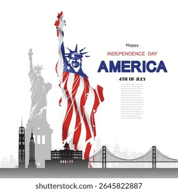 Aniversário e celebração Feliz dia da independência do americano no fundo da bandeira nacional com arquitetura de marcos da viagem da América em manhattan e São Francisco, na arte de papel, estilo de corte de papel.