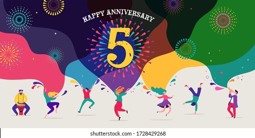 Anniversary celebration. Happy people dancing, playing music, celebrating. Vector illustration, banner, poster