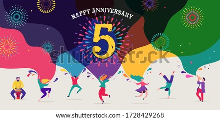 Anniversary celebration. Happy people dancing, playing music, celebrating. Vector illustration, banner, poster