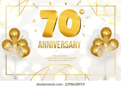 Anniversary celebration horizontal flyer golden letters and balloons white background 70