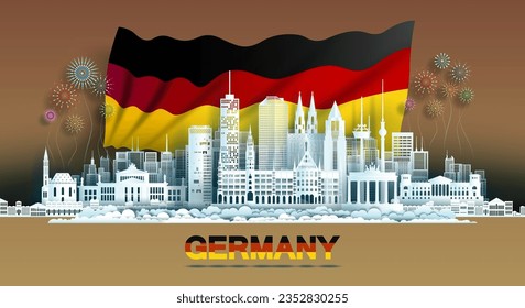 Celebración del aniversario independencia Día de Alemania y monumentos de viaje Ciudad de Berlín con antecedentes de la bandera de Alemania, Tour europe punto de referencia a Berlín con vista panorámica popular capital en papel de origami corte.