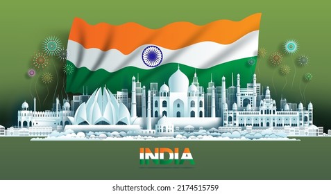 Anniversary celebration independence India day and travel landmarks India city with Indian flag background, Tour asia landmark to taj mahal with panorama view popular capital in origami paper cut.