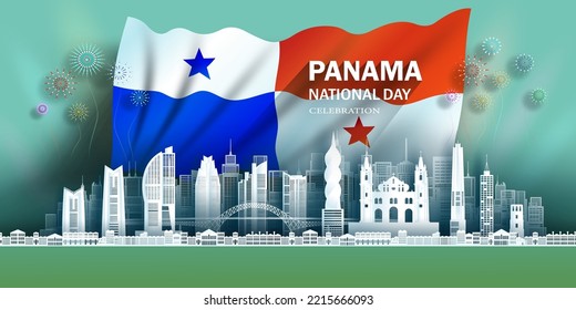 Anniversary celebration independence Panama day and travel landmarks Panama city with flag background, Tour america landmark with panorama view popular capital in origami paper cut.