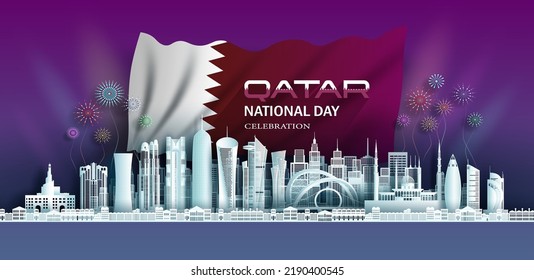 Anniversary celebration independence qatar day and travel landmarks doha city with qatar flag background, Tour asia landmark to doha with panorama view popular capital in origami paper cut.