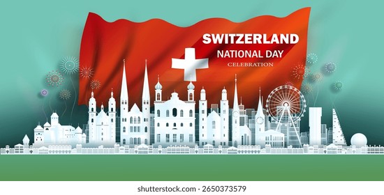 Dia de comemoração do aniversário independência Suíça e marcos de viagem zurich cidade com fundo da bandeira Suíça, Tour marco da europa com vista panorâmica capital popular em papel origami.