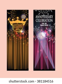 ANNIVERSARY CELEBRATION INVITATION BANNERS WITH THEATER CURTAINS AND FIREWORKS