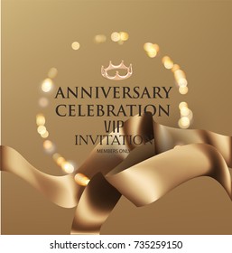 ANNIVERSARY CELEBRATION invitation card with gold realistic ribbons and defocused frame. Vector illustration