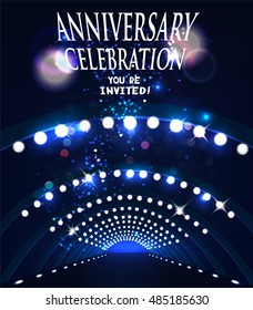ANNIVERSARY CELEBRATION INVITATION CARD WITH STAGE SPOTLIGHTS. VECTOR ILLUSTRATION