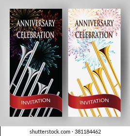 ANNIVERSARY CELEBRATION INVITATION CARD WITH TRUMPETS AND FIREWORKS