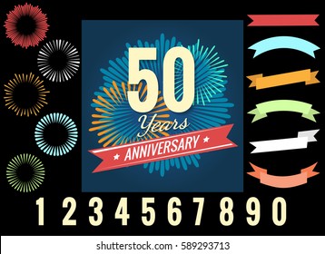 Anniversary celebration logo elements. Numbers, fireworks and ribbons vector illustration
